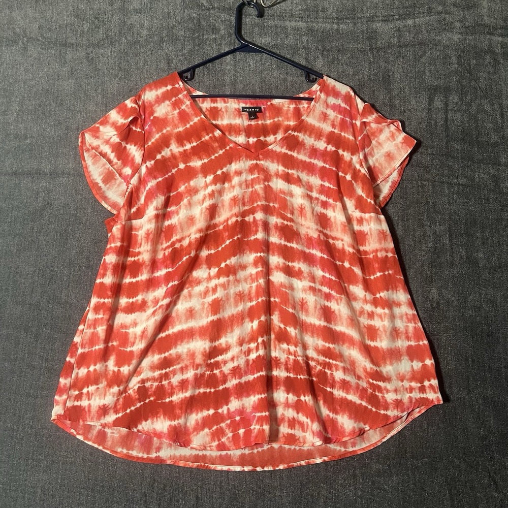 Torrid Blouse 1 1X Plus Red Orange Tie Dye V Neck Tulip Flutter Sleeve Top